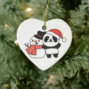 Panda mit Schneemann im Winter zu Weihnachten Kera Keramik Ornament