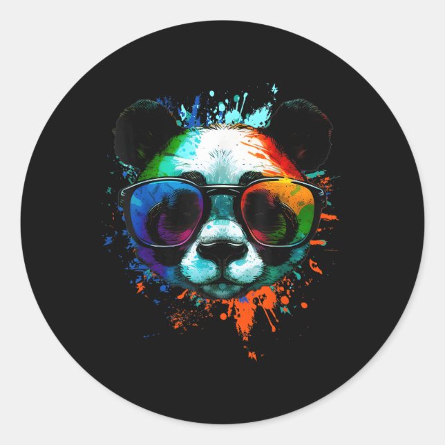 Panda mit Sonnenbrille und farbenfrohen Tintenpatr Runder Aufkleber (Vorderseite)