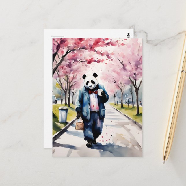 Panda Morning Coffee Walk in der Frühlingstadt Postkarte (Vorderseite/Rückseite Beispiel)