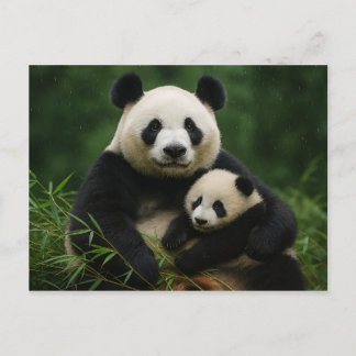 Panda Mother & Cub in Gentle Rain Postkarte