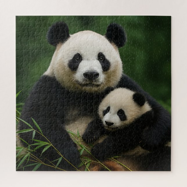 Panda-Mutter & Jungtier im sanften Regen (Vertikal)