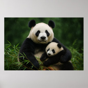 Panda-Mutter & Jungtier im sanften Regen Poster