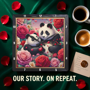 Panda-Paar Rosengarten Quadratische Wanduhr