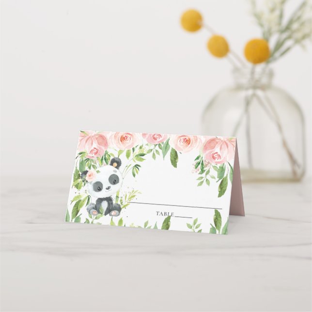 Panda Panda Pink Blumengrün Babydusche Platzkarte (Vorderseite)
