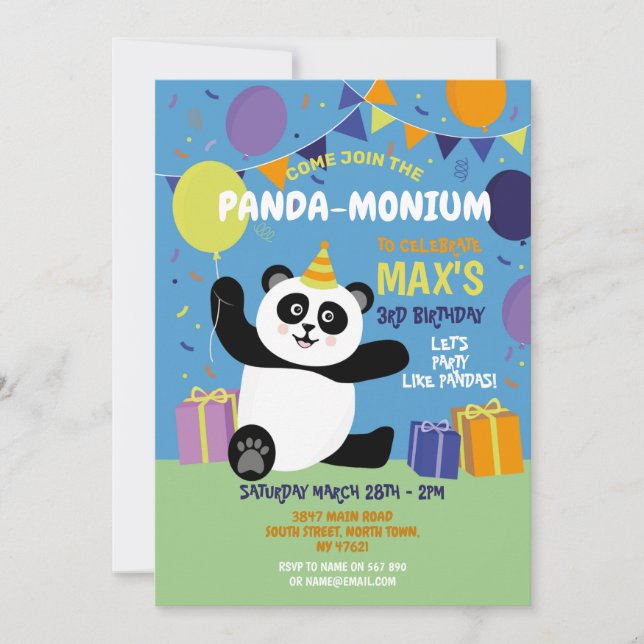 Panda Party Birthday Panda-monium Blue Einladung (Vorderseite)