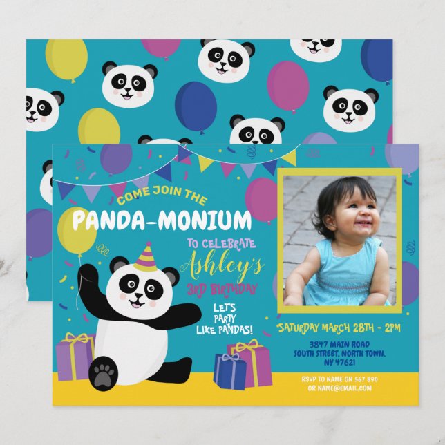 Panda Party Birthday Panda-monium Foto Einladung (Vorne/Hinten)