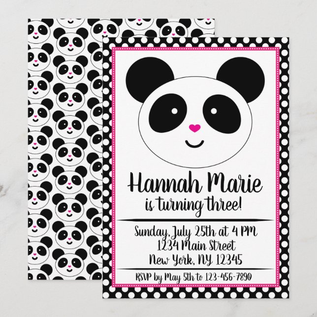 Panda Party Einladung zum Geburtstag (Vorne/Hinten)