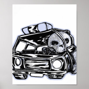 Panda Patrouillenwagen schwarz-weiß zeichnend Poster