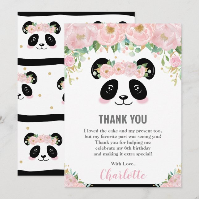 Panda rose floral mignonne Carte de remerciements  (Devant / Derrière)