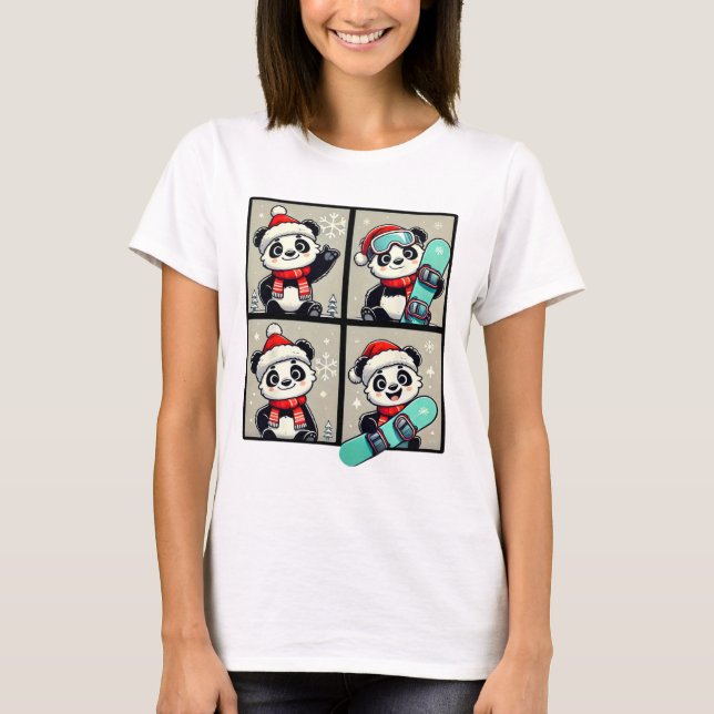 Panda Santa Skiing Snowboard Winterbergtour T-Shirt (Vorderseite)