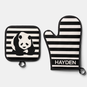 Panda und Streifen Personalisiert Ofenhandschuh & Topflappen-Set