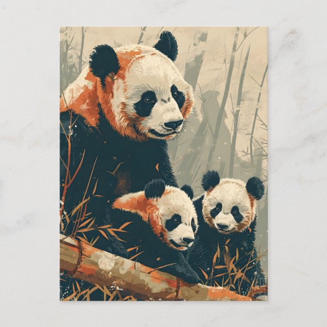 Panda & Welpen: Vintage Postkarte (Vorderseite)