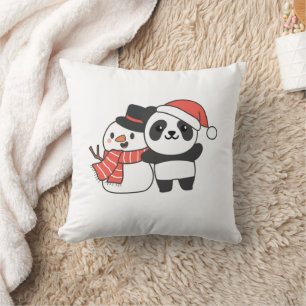 Panda With Snowman In Winter For Christmas Kissen