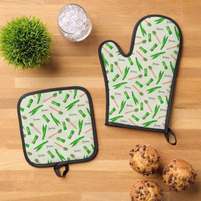 Pandan Leaf Pattern Oven Mitt & Pot Holders Ofenhandschuh & Topflappen-Set (Oben Unten)