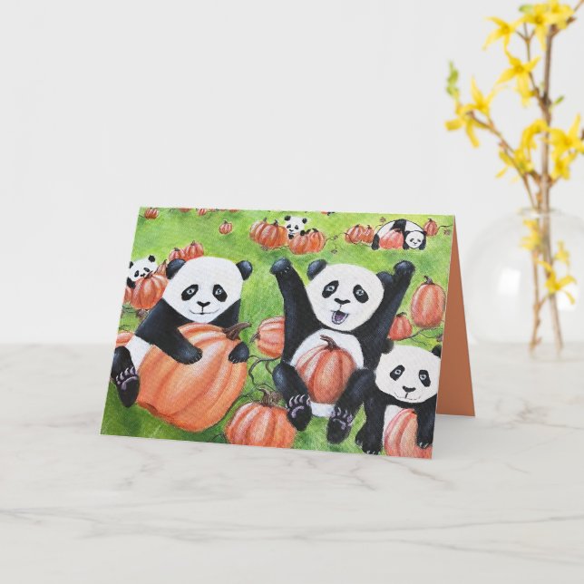 Pandas and Pumpkins Fall Grußkarte Karte (Gelbe Blume)