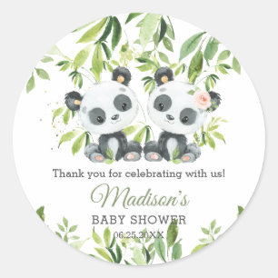Pandas Bamboo Greenery Twin Boy Girl Baby Shower Runder Aufkleber
