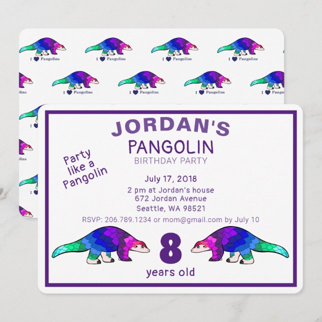 Pangolin coloré Invitation d'anniversaire (Devant / Derrière)