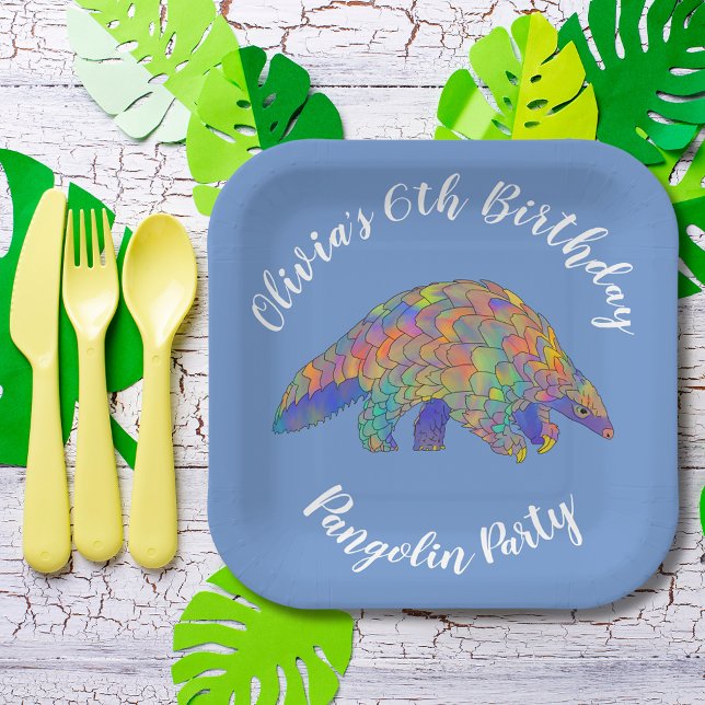 Pangolin Party Blue Pappteller (Cute pangolin 6th birthday party custom blue paper plate wildlife and nature party)