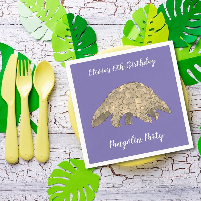 Pangolin Party Girls 6. Geburtstag Lila Name Serviette (Cute pangolin wildlife animal art 6th birthday party custom purple paper napkins )