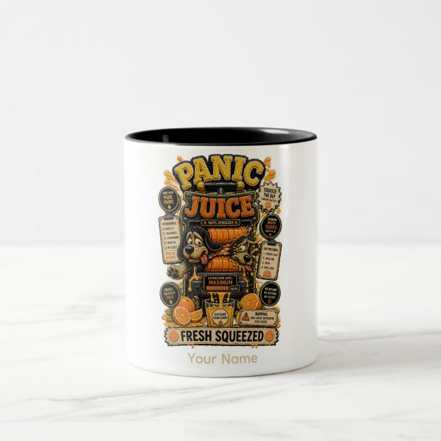 Panic Juice Fresh Squeezed Funny Spreadsheet Zweifarbige Tasse (Mittel)