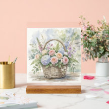 Panier floral à l'aquarelle avec roses et hortensi