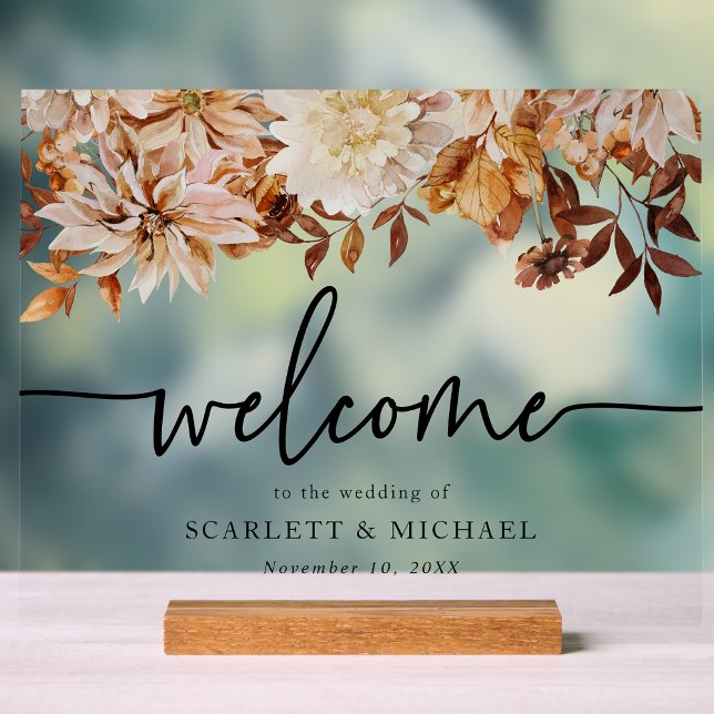 Panneau acrylique de bienvenue Automne (Fall Floral Horizontal Wedding Welcome Acrylic Sign by Painted Paperie
)