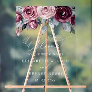 Panneau de bienvenue de mariage floral bourguignon