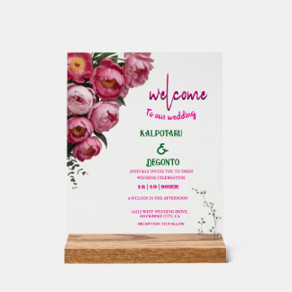 Panneau de bienvenue de mariage floral rose élégan