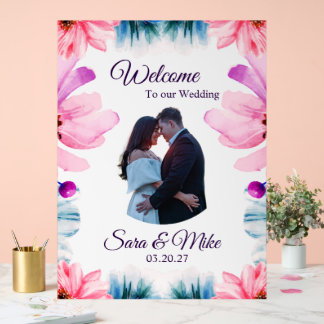 Panneau de bienvenue de mariage floral rose et ble