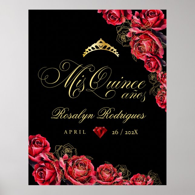 Panneau de décoration Quinceanera - or rouge noir (Devant)