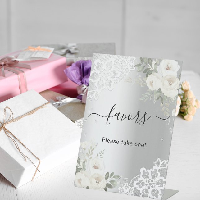 Panneau de faveur de guest floral blanc argenté en (Créateur téléchargé)