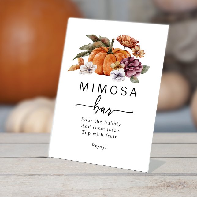 Panneau de la barre d'automne Mimosa (Fall Pumpkin Floral Bridal Shower Mimosa Bar Table Top Pedestal Sign by Painted Paperie
)