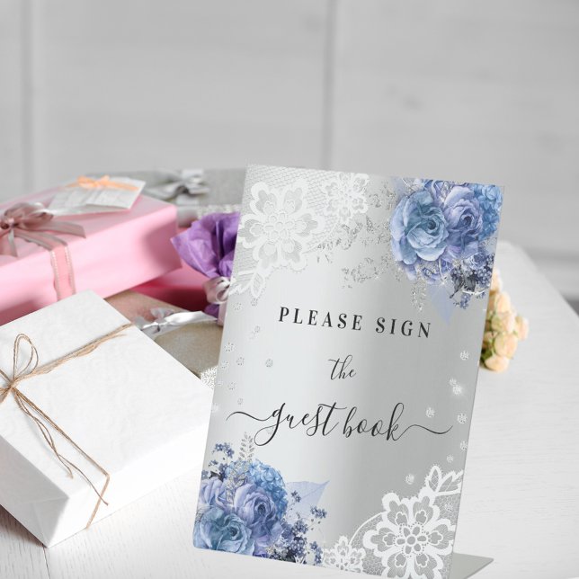 Panneau de livre d'or à fleurs en dentelle bleu ar (Créateur téléchargé)