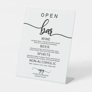 Panneau de menu de bar ouvert pour mariage, callig