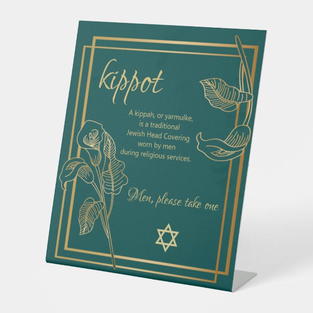Panneau de table Kippah Yarmulke Gold Lys sur Vert (Recto)