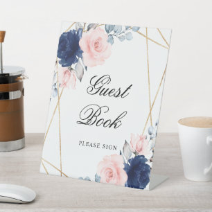 Panneau du livre d'or Blush Pink & Navy Blue Rose 