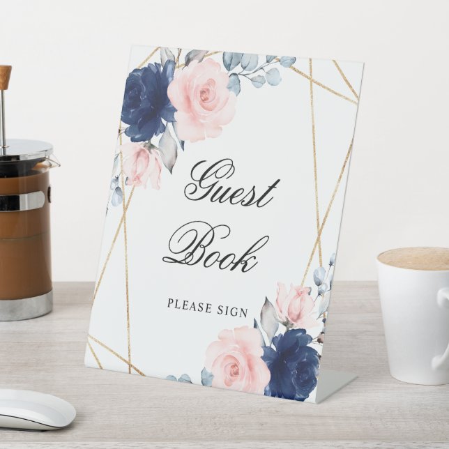 Panneau du livre d'or Blush Pink & Navy Blue Rose  (In SItu)
