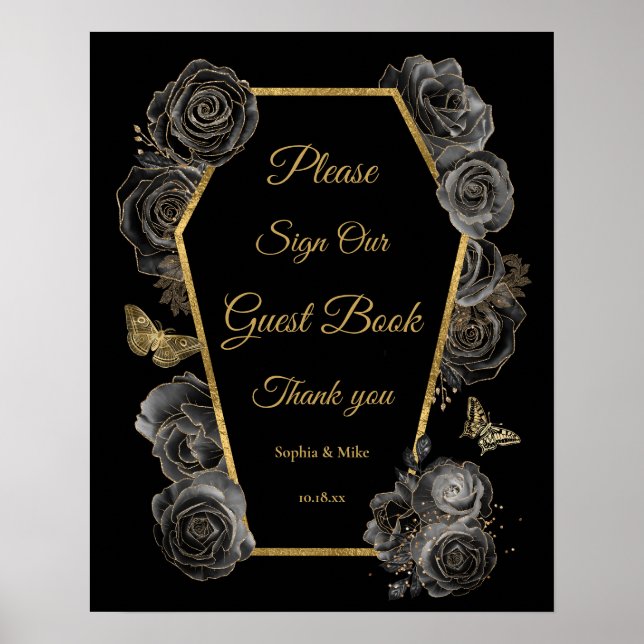 Panneau du livre d'or Mariage gothique Rose Coffin (Devant)