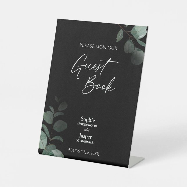 Panneau du livre d'or Mariage noir vert moderne (Recto)