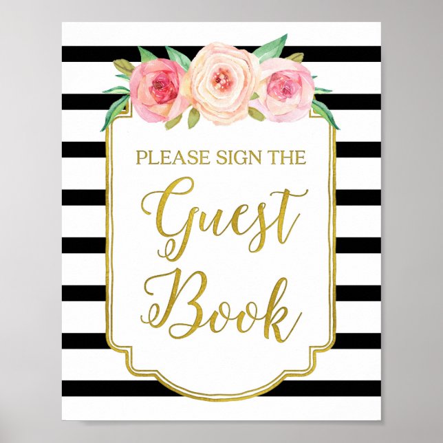Panneau du livre d'or noir rose Aquarelle Floral (Devant)