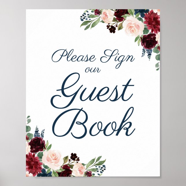 Panneau du livre d'or Rustic Navy Marsala Floral M (Devant)