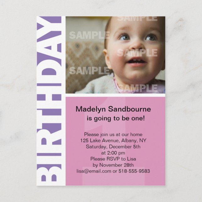 Panneau rose Lilac 1er Invitation anniversaire (Devant)