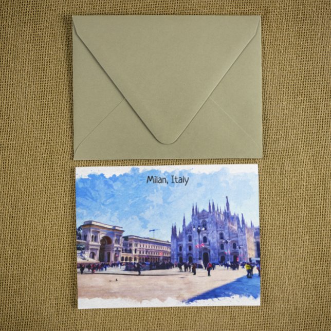 Panorama-Aussicht auf die Kathedrale Mailand Itali Postkarte (Milan Italy Piazza watercolor postcard)