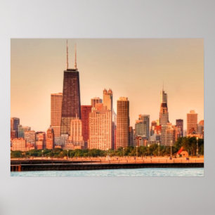 Panorama der Chicago-Skyline bei Sonnenaufgang Poster