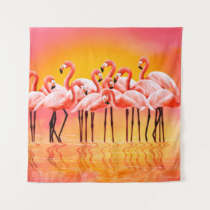 Panorama der rosa Flamingos auf einem hellrosa Rüc Wandteppich