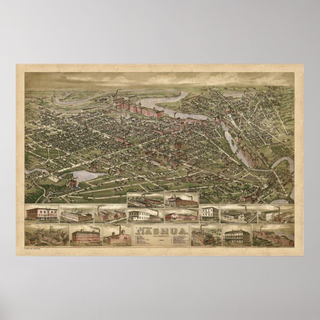Panorama-Vogelperspektive Nashua NH 1883 Poster (Vorne)