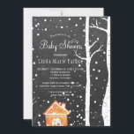 Panoramadusche rustikal, Baby-Dusche Einladung<br><div class="desc">Rustikale Landhausstil Baby Dusche Winter schicke, elegante Einladung mit einem Lebkuchenhaus, fallender Schnee und Birken Bäume Wunderlandschaft auf dunkelgrauem Kalkplatten Hintergrund. Füllen Sie Ihre Informationen in den Flecken, Sie können wählen, um es anzupassen, weitere sich ändernde Schriftartes und Farben der Schrift. — Die Einladung ist geeignet für elegante Berge rustikale...</div>