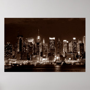 Panoramische Sepia-Braun New York City Nacht Kunst Poster