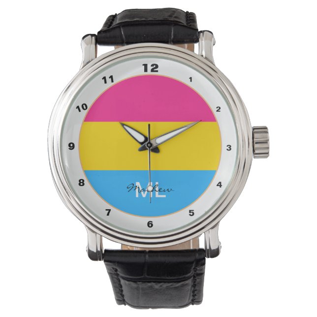 Pansexual Flag & Pride Community /mit Monogramm Fl Armbanduhr (Vorderseite)