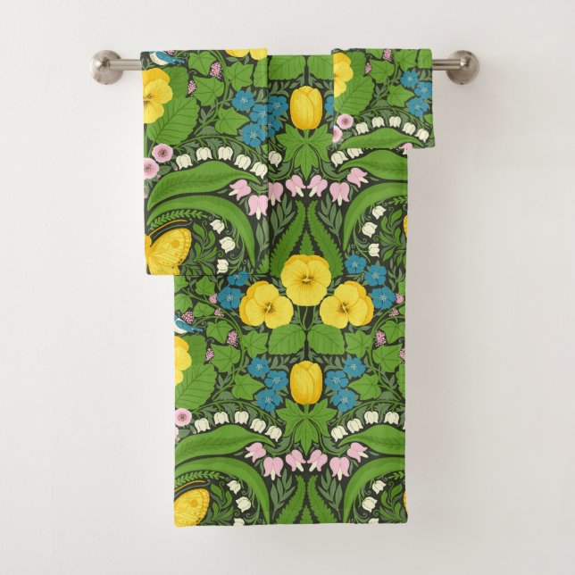Pansies jaunes, oiseaux et papillons (En situation)